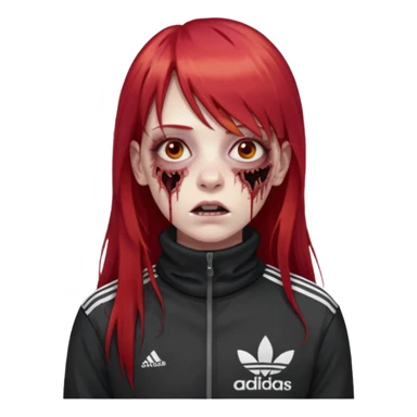 Crie um emoji de uma menina zumbi  com o cabelo vermelho longo com uma franja reta casaco de gola alta da adidas sticker