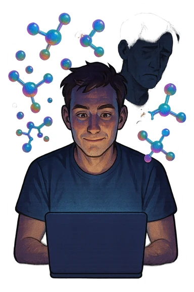 a man sits in front of a glowing screen, with colorful, artificial-looking dopamine molecules floating around his head like soap bubbles. Some bubbles pop and disappear quickly, symbolizing fleeting pleasure. In the background, a shadowy version of the man looks unsatisfied or empty, highlighting the temporary nature of the gratification. sticker