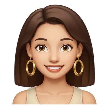 Emoji-style front-facing woman’s face, light skin tone, brunette hair, gold hoop earrings, round glossy finish, simple eyes and smile, smooth gradients and soft shadow — inspired by Apple emoji aesthetic sticker