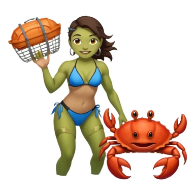 orc female Swimsuit with armored pauldrons, dragging a comically large crab trap sticker