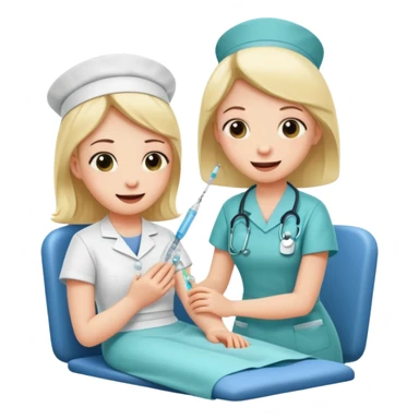Create a cute, funny sticker-style story in a cartoon illustration.
Scene sequence shows a nervous patient getting an injection from a kind nurse.
 sticker