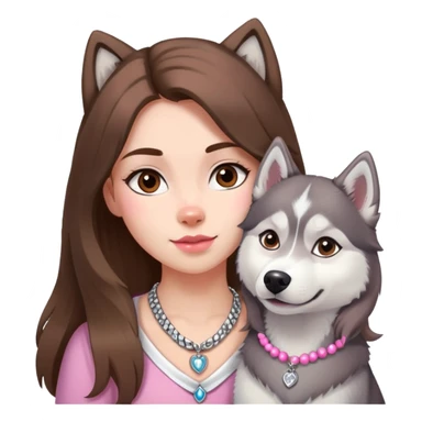 Girl with Brown long hair with husky white and grey and pink neclace sticker