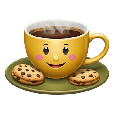 A cup of coffee, steaming, the smoke is heart-shaped, the cup is mustard yellow, the cup has a happy face printed on it, the cup sits on an olive green saucer, and there are cookies around the cup. sticker