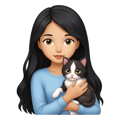 Beautiful girl with long black hair holding a cute kitten in her arms sticker