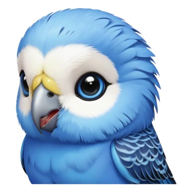 cinematic-cute-blue-budgie-portrait-emoji,-head-tilted-playfully-and-inquisitively,-featuring-a-brilliant-blue-feathered-fur-and white and black feathered face-with-a-natural-sheen,-round,-sparkling-dark-eyes-filled-with-curiosity,-simplified-yet-irresistibly-adorable sticker