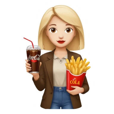 a young woman full length with cola in one hand and french fries in the other hand and a painting under her arm sticker