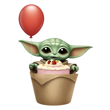 baby yoda holding a cake and a balloon sticker