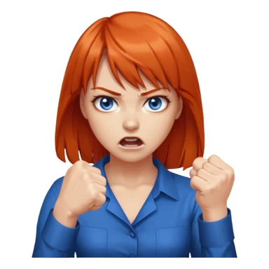 A woman with dark orange hair and bangs, blue eyes, an asmr streamer, angry, clenching his fist sticker