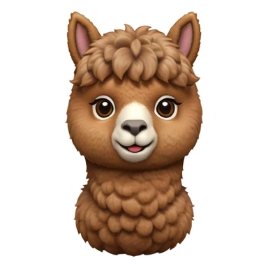 Cinematic Cute Brown Alpaca Portrait Emoji, Head tilted playfully and inquisitively, featuring a plush, rich brown fleece with a natural sheen, round, sparkling warm eyes filled with curiosity, Simplified yet irresistibly adorable features, highly detailed, glowing with a warm, friendly glow, high shine, affectionate and gentle, stylized with a touch of whimsy, bright and endearing, soft glowing outline, capturing the essence of a mischievous yet loving alpaca, so playful it feels like it could prance out of the screen and into your arms! sticker