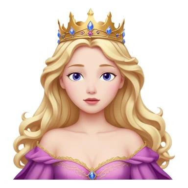 Cinematic Realistic Sleeping Beauty (Aurora) Portrait, with porcelain-like skin featuring a natural rosy flush, illuminated by soft lighting that highlights the gentle contours of her face. Her golden blonde hair flows in soft, detailed waves with subtle highlights that shimmer in the light. Her deep violet-blue eyes radiate warmth and innocence, framed by arched brows and long lashes. Her serene expression exudes quiet elegance. She is dressed in her classic pink gown, the fabric rich in texture with delicate folds that catch the light. A golden crown rests atop her head, gleaming with royal refinement. The portrait captures a soft, glowing aura, blending realism with an ethereal sense of beauty and timeless enchantment. sticker