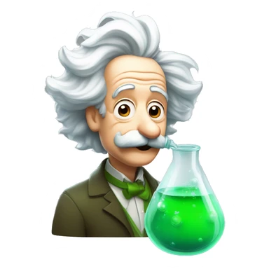 Albert Einstein with conical flask next to him with bubble green liquid inside it in Pixar style sticker