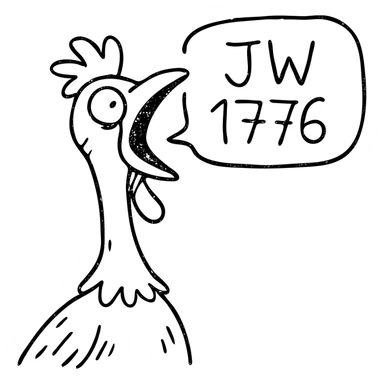 shouting yellow long neck chicken with a funny expression, 'JW 1776' in a speech bubble sticker