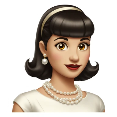Cute girl 1950s short dark brown hair with straight fringe, white pearl necklace, gold bow earrings and white dress sticker