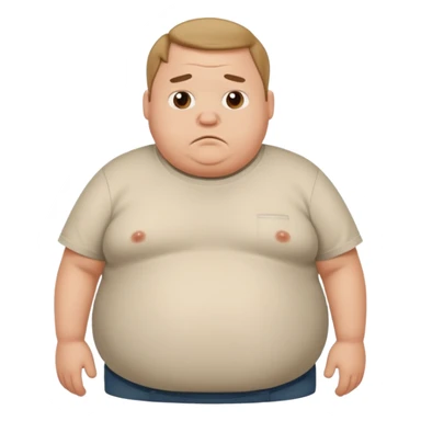 a cartoon fat man holding his stomach wearing t shirt, while looking confused? sticker
