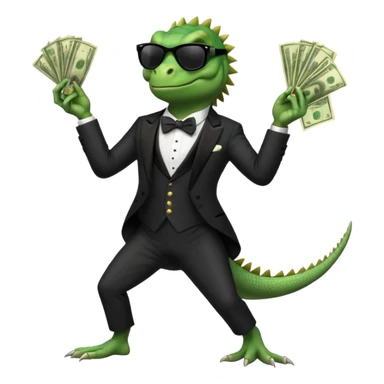 capitalist iguana banker in tuxedo and black sunglasses dancing crazy with money sticker