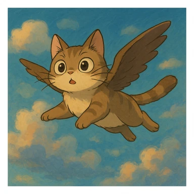 flying cat with expressive eyes in a dreamy sky background in ghibli style sticker