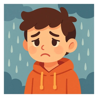 a boy looking sad on a rainy day, soft cartoon style, gentle colors, emotional expression sticker