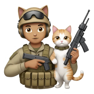 Man in tactical airsoft gear holding a gun in one hand and a white and brown cat in the other hand sticker