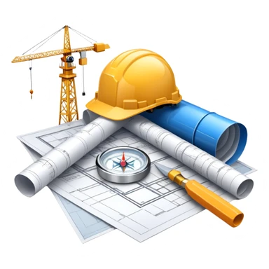 An icon featuring blueprints, a compass, and a construction helmet, symbolizing architecture and construction. The design includes building structures, cranes, and a ruler, representing the design and creation of buildings and urban planning. Transparent background. sticker