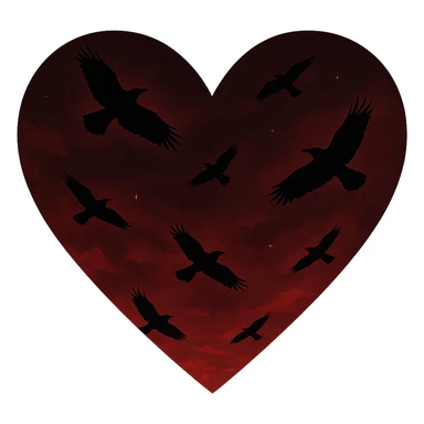  heart with red night sky and dark ravens, remove background sticker