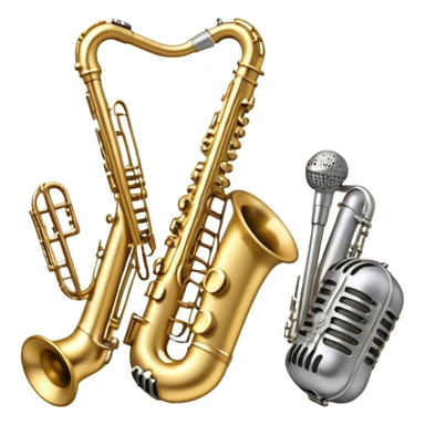 Create an artistic and dynamic emoji representing jazz vocal performance, featuring a vintage microphone as the central focus. Surround the microphone with traditional jazz instruments, such as a saxophone, trumpet, and upright bass, arranged in a harmonious, flowing design. Add musical notes and sound waves emanating from the microphone to symbolize the improvisational and expressive nature of jazz vocals. The instruments should have a polished, classic appearance with metallic gold and silver accents. Use rich colors like deep black, gold, and burgundy to evoke the sophisticated and soulful atmosphere of a jazz club. The background should be transparent. sticker
