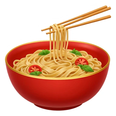 Chinese cuisine humanless avatar in bright emoji-style illustration. Noodles bowl, red and gold colors, simple shapes, flat design, bold and energetic. sticker