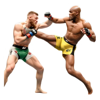 An MMA showdown between Conor McGregor and Anderson Silva in the octagon. McGregor is executing a powerful jumping strike, while Silva is expertly blocking the attack with his forearm. The background features the UFC octagon, fans in the distance, and dynamic action. Transparent background sticker