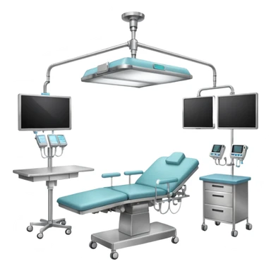 A surgical room setup with overhead lights and sterile instrument table.
 sticker