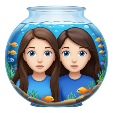 two brunette girls long hair blue eyes looking into a massive aquarium sea life viewing sticker