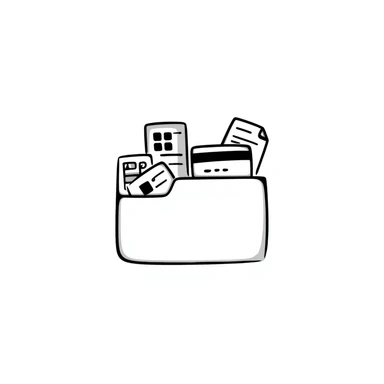 Closed folder icon with small symbols floating around: bank building, credit card, calculator, and document – organized financial archive sticker
