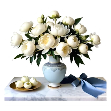 An intricately detailed porcelain vase with gold accents cradles a cascading bouquet of white peonies, tinged with hints of sky blue. Around the neck of the vase, a dusty blue velvet ribbon is artfully tied into a loose bow, its ends draping gracefully over the table’s edge. A few petals have delicately fallen onto the tabletop, resting beside a strand of soft pearl beads, adding a sense of quiet romance and nostalgia to the composition.


 sticker
