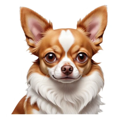 Cinematic Grumpy Red/White Short Haired Chihuahua Portrait Emoji, Head tilted slightly with a deeply unimpressed expression, thick red and white fur with bold patches, large, droopy dark eyes narrowed into an unamused glare, ears slightly drooping in exasperation, Simplified yet comically expressive features, highly detailed, glowing with a dry, sarcastic glow, high shine, effortlessly judgmental yet dignified, stylized with a touch of cynicism, bright but brooding, soft glowing outline, capturing the essence of an eternally unimpressed yet endearing pup, so lifelike it feels like it could sigh heavily at you in disdain at any moment! sticker