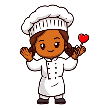 Brown-skinned female chef with long braided brown hair, wearing a chef's hat, with both an angel halo and devil horns, making a heart shape with her hands sticker