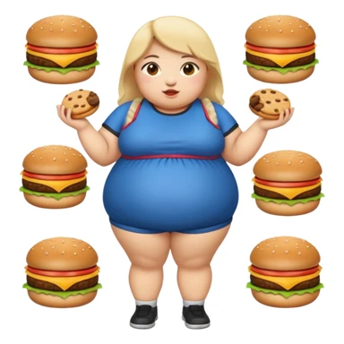 n create a humongous asian girl with 2 burgers and a cookie in her mouth, she is super obese, please make her a full body emoji sticker