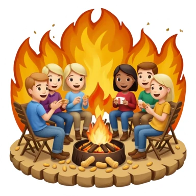 Born fire and people sitting beside born fire on chairs eating peanuts. Born fire is in the centre sticker