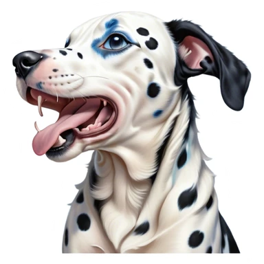 Cinematic Cute Yawning Harlequin Dalmatian Portrait Emoji, Head tilted slightly with a dramatic, wide-open yawn, showcasing a smooth Fur of predominantly white with bold black patches, floppy ears slightly drooping, round blue eyes barely open in drowsy contentment, Simplified yet irresistibly adorable features, highly detailed, glowing with a soft, cozy glow, high shine, relaxed yet expressive, stylized with a touch of whimsy, bright and endearing, soft glowing outline, capturing the essence of a sleepy yet affectionate guardian, so drowsy it feels like it could stretch out of the screen and curl up for a nap! sticker