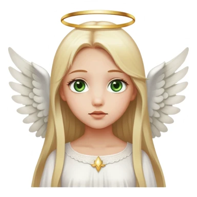 Blonde girl (from the chest up), green eyes, and light skin. Staring straight ahead. Long, straight hair. Medium-thick, mostly thin lips. Looks like an angel. Wears a white babydoll dress. White wings stick out from behind her, like an angel. Soft doe eyes. Cheeks and tip of nose slightly reddish. sticker