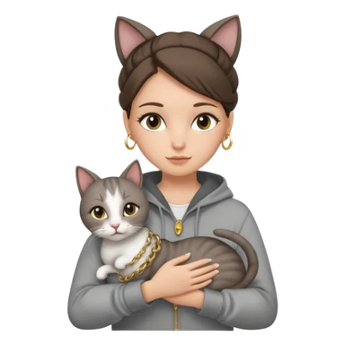 a white girl with brunette hair in a one single bun holding a grey cat. the girl has long lashes and has on a grey zip up that is half way zipped and has a hood and under a white shirt and gold jewelry that is gold bracelets. sticker