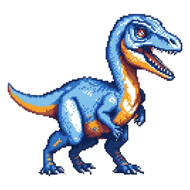 A bright blue velociraptor dinosaur with sharp teeth and claws sticker