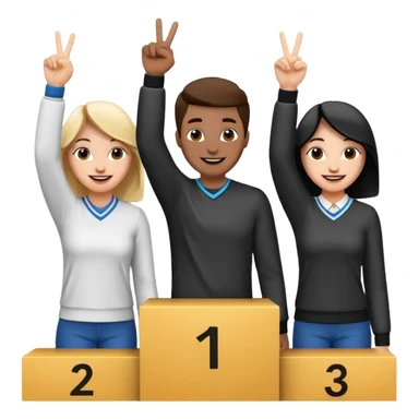 three casually dressed people on a winners podium with the center step higher, black and white, no numbers, center person holding up one finger on each hand, left person holding up two fingers on each hand, right person holding up three fingers on each hand, cheerful expressive emoji style sticker