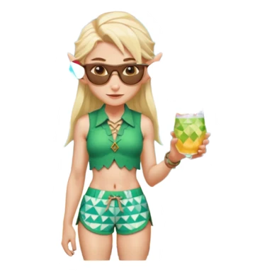 elf female legolas portrait, patterned board shorts (geometric/abstract), unique wooden-framed sunglasses, undercut hairstyle, slight smirk, visible pointy ears, no background, centered emoji, hipster summer vibe coctails  sticker