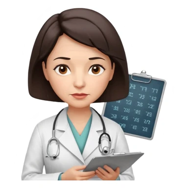A female doctor in her 50s with visible facial wrinkles, dark brown short bob hair, her body turned slightly at an angle, with her gaze clearly directed downward and fixed on the medical chart she is reviewing. sticker