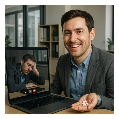 Man in his mid-30s, video call, pretending to be happy, hand under desk with caffeine pills, screen reflection shows collapsed posture, virtual avatar upright, hyperrealistic 4K, office setting sticker