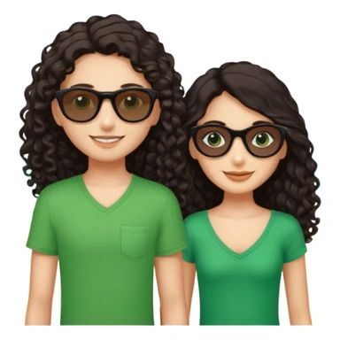 Two besties on the beach, black sunglasses, 1: long ironed straight darkbrown hair, green eyes, 2: long curly darkbrown hair, brown eyes  sticker