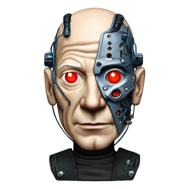 Jean luc picard from Star Trek assimilated by the Borg, with mechanical metal covering the left side of his face, with wires and a red light on the left side. Both his eyes are blue. sticker