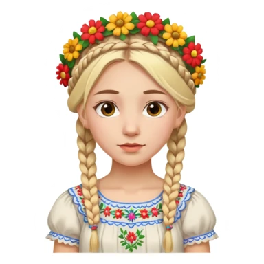 Slavic girl with two blonde braids, wearing a traditional embroidered dress and a colorful flower crown sticker