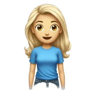 mulher loira com uma camiseta azul escrito link oferta sticker