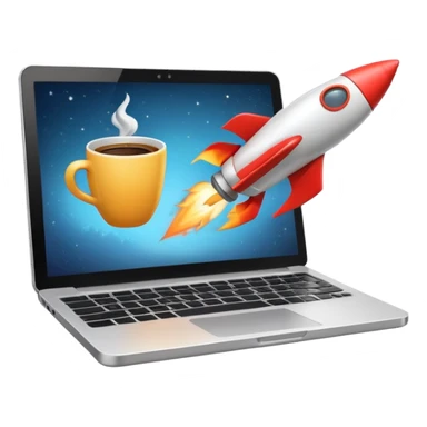 rocket blasting off from a workspace with a laptop and coffee cup, representing a startup launch, clean modern emoji style sticker