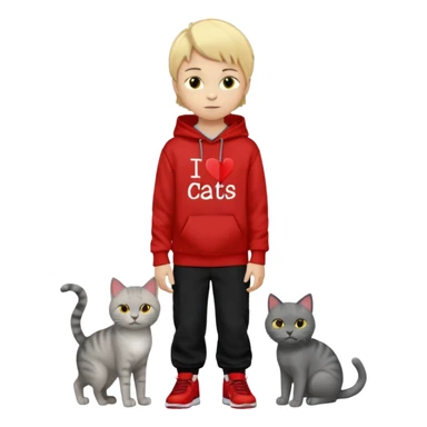 There is one 8 year old boy wearing a red and black hoodie say I heart cats he’s blond he has red Jordan’s and Hess wearing black pants he’s next to his only gray cat with yellow eyes  sticker