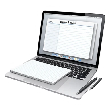 online booking system on MacBook screen beside a classic paper notebook and pen sticker